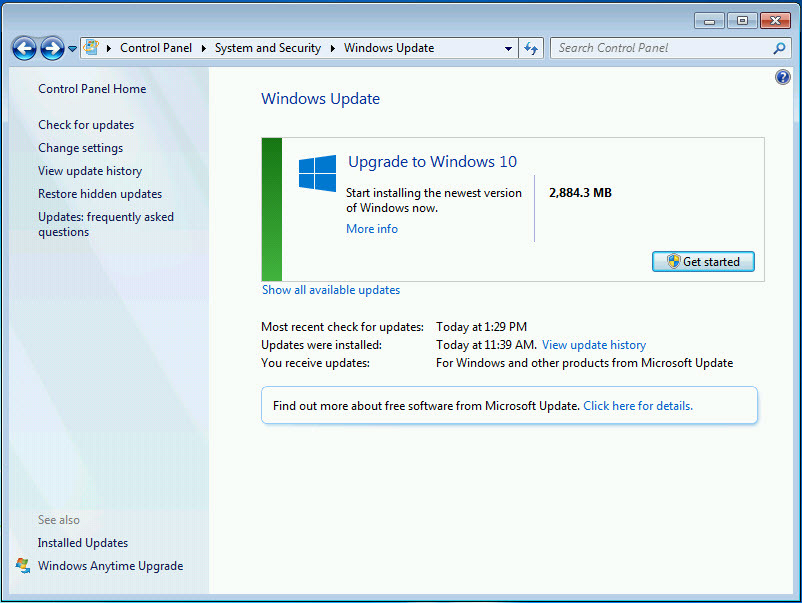 Run system update. PC Push Window. Windows 10 show Windows update in System properties in see also.